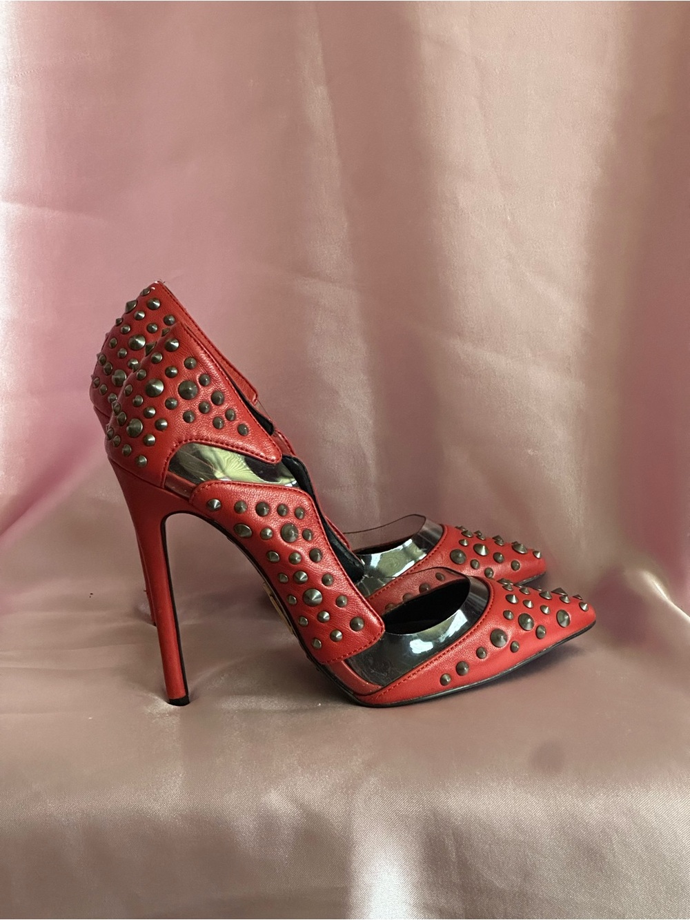 Red Studded Pointed-Toe Heels with Script Insole - Picture 2 of 4